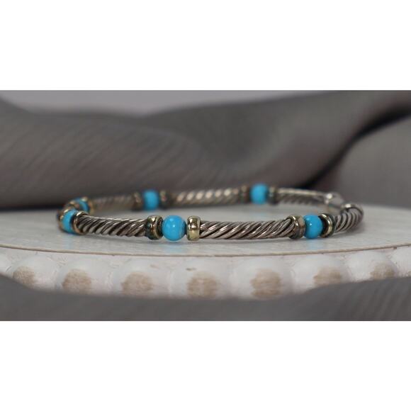 David Yurman 925 & 14k Turquoise Bead Cable Bracelet 9.73G / 6.75In - Picture 3 of 8
